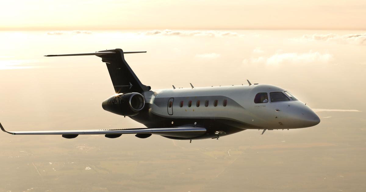 Business aircraft fying in the U.S. and Caribbean rose 6.9 percent in December 2019, led by a surge in activity of midsize jets such as the Embraer Legacy 500. (Photo: Embraer)