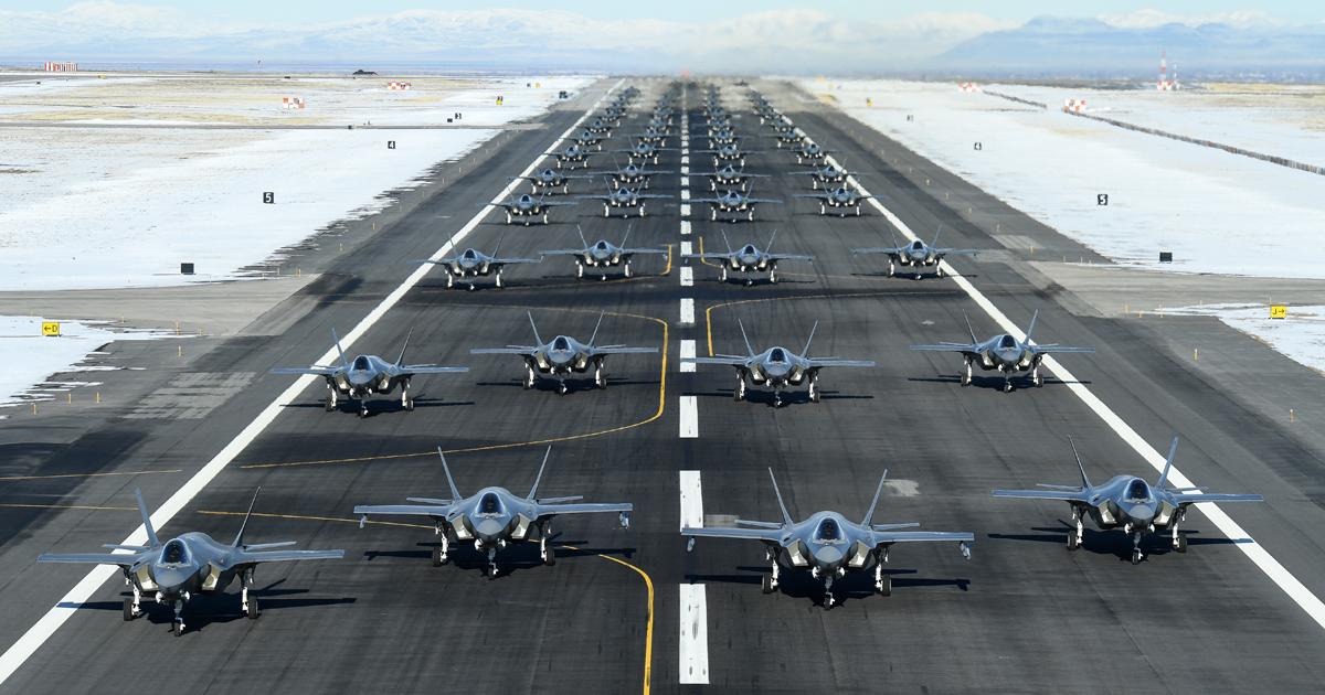 On January 6 the 388th/419th Fighter Wings at Hill AFB, Utah, staged a mass “elephant walk” by 52 F-35As during a Combat Power Exercise. (photo: U.S. Air Force)
