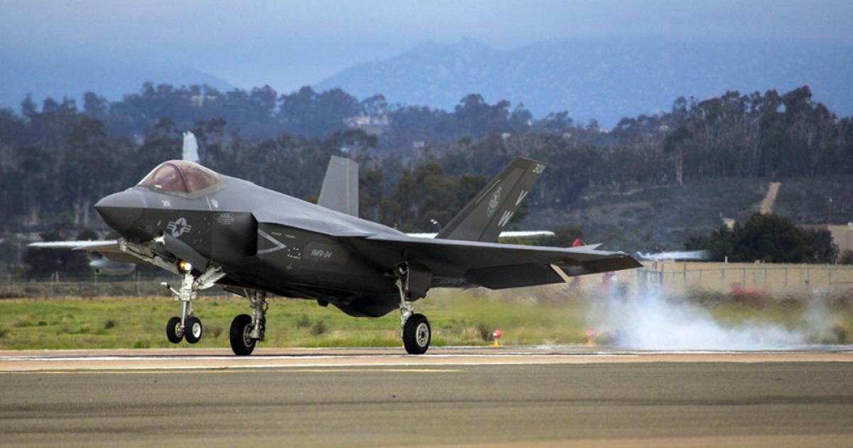 A VMFA-314 F-35C touches down at Miramar for the first time to begin the build-up of an operational USMC capability with the carrier-capable version. (photo: U.S. Marine Corps)