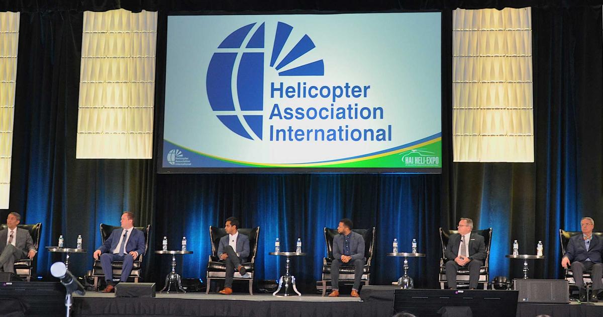 Attendees at the Heli-Expo 2020 Urban Air Mobility panel included (from left) James Viola, HAI CEO; Jay Merkel, FAA executive director, UAS Integration Office; Nikhil Goel, Uber head of aviation product; Travis Mason, Airbus v-p of certification and regulatory affairs; Carey Cannon, Bell chief engineer for technology and innovation; and Michael Dyment, founder and managing partner of NEXA Capital Partners.