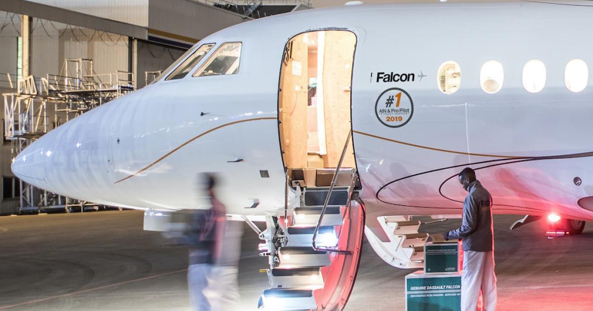 Dassault Aviation's Falcon Response AOG service includes two dedicated Falcon 900Bs used to transport spare parts, tools, and technicians to remote sites and provide alternative lift to Falcon owners and operators. (Photo: Dassault Aviation)