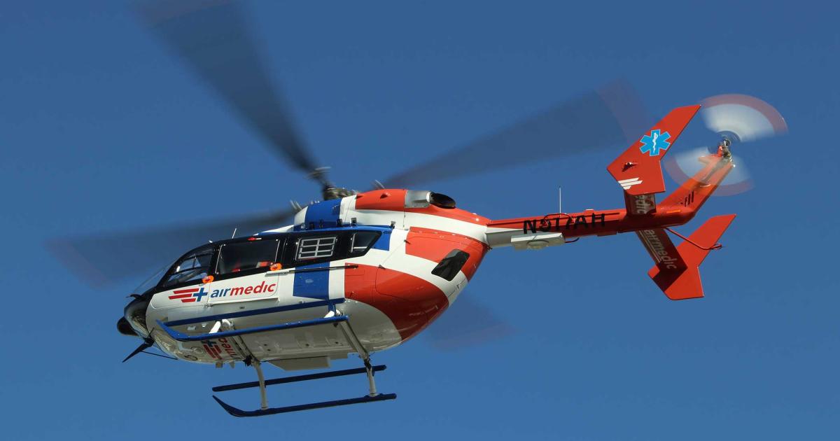 This Airbus EC145e, on display at Heli-Expo 2020, is one of two ordered by Duke Life Flight and features a Genesys Aerosystems IFR avionics suite and a medical-transport interior.