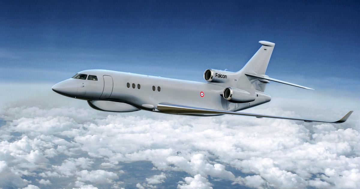 This impression shows the Falcon Archange, with a fairing housing the antennas of the CUGE system and blocked-out cabin windows. (photo: Dassault)