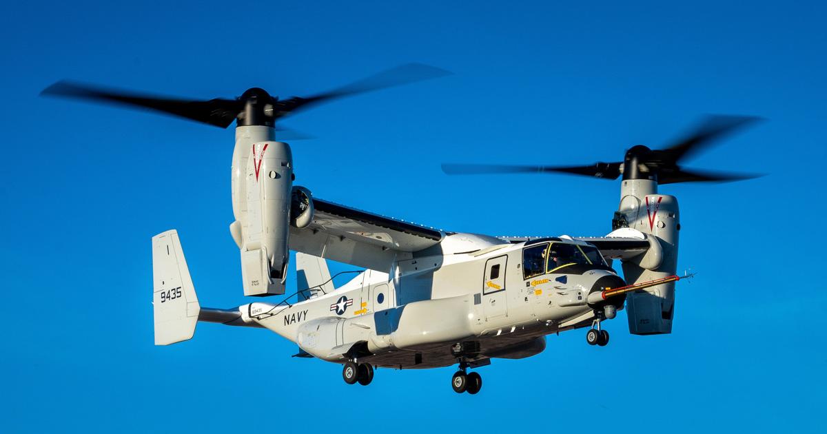 The CMV-22B wears the same light grey and white scheme as the C-2 Greyhound that it is replacing. (photo: Boeing)