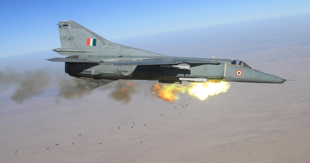 A MiG-27 Bahadur fires its GSh-6-30 rotary cannon in a low-angle dive strafing run. (Photo: Indian Air Force)