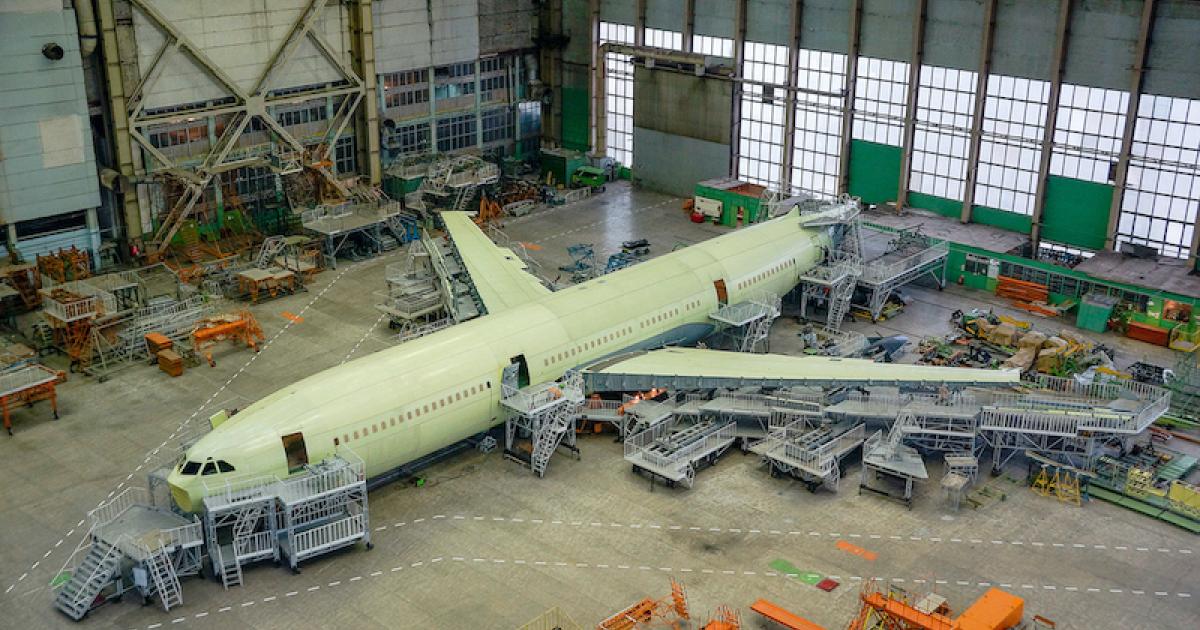 The first Il-96-400M undergoes assembly at the VASO plant in Voronezh. (Photo: UAC)