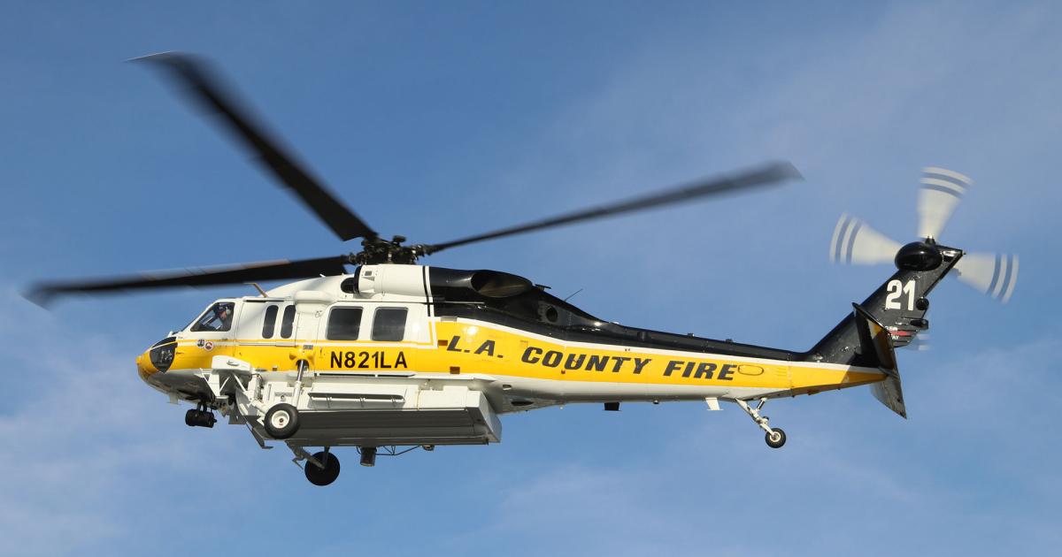 Seven new Sikorsky S70i Firehawks for California feature AEM’s new LS1320 loudspeaker system, which outputs 1,320 watts. AEM is also supplying a master caution panel for the new Enstrom 480B, first delivery of which is expected later this year.   Photo: Barry Ambrose