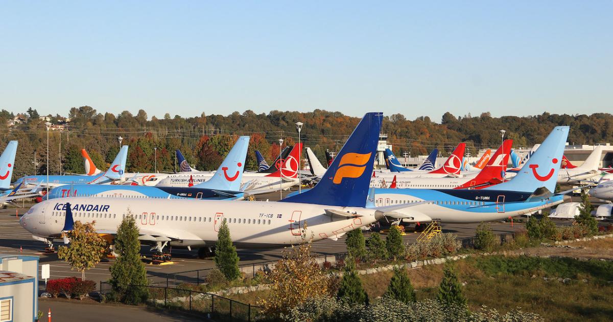 Stored 737 Max jets sit idle at Boeing Field in Seattle. (Photo: Barry Ambrose)
