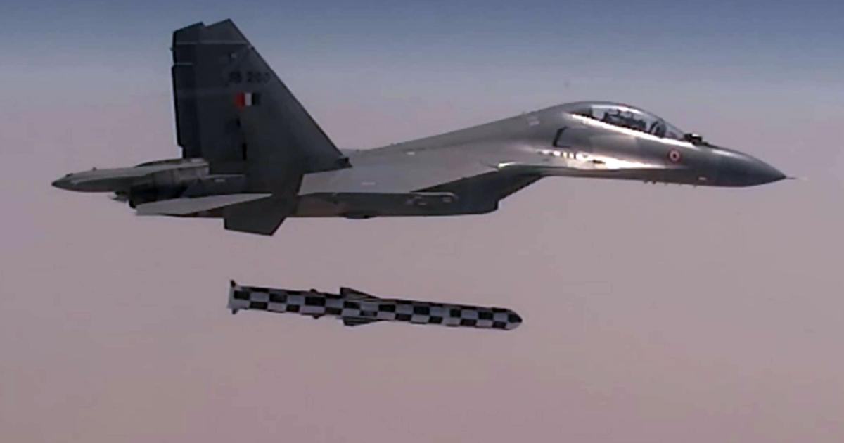A Sukhoi Su-30MKI conducts the first air -launch of the BrahMos missile in November 2017. The aft portion of the weapon is a jettisonable rocket booster to accelerate it after launch. (Photo: Indian MoD)
