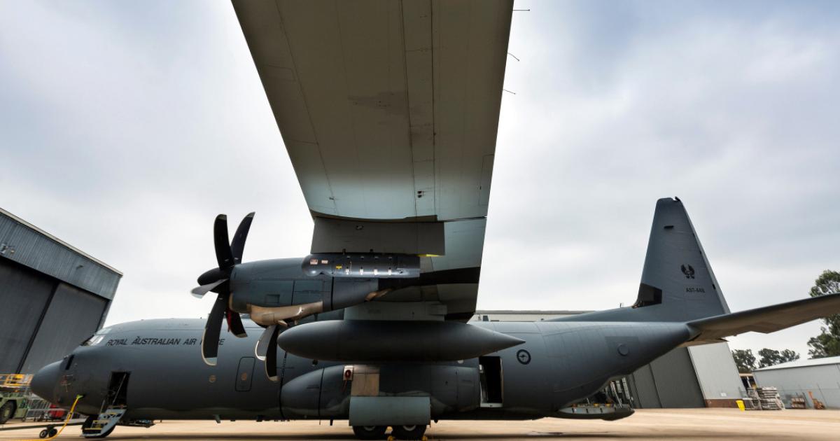 The Litening pod is carried under the port wing of the C-130J-30 used by the RAAF for system trials. (photo: Royal Australian Air Force)