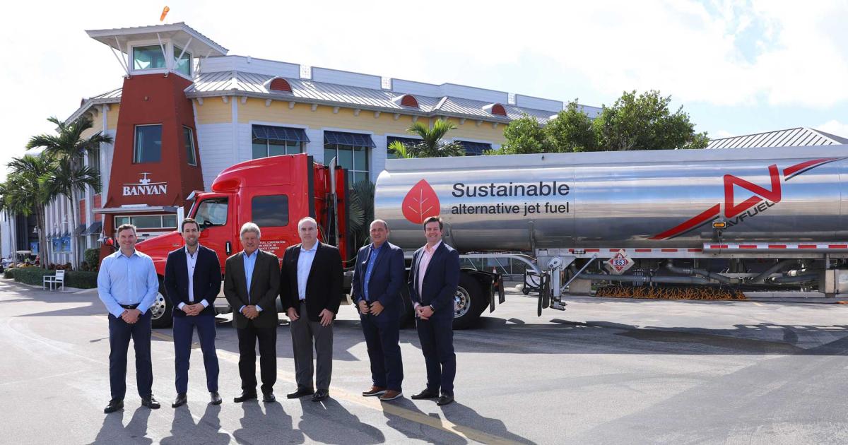 Avfuel executives join Banyan Air Service president Don Campion (third from left) to commemorate the FBO's first delivery of sustainable alternative fuel.