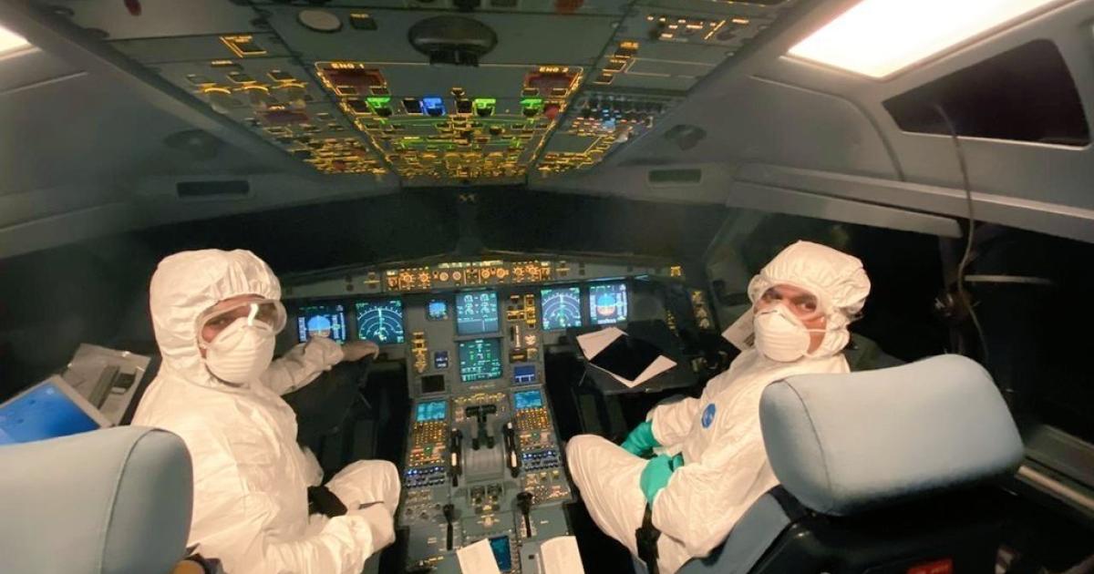Sri Lankan Airlines pilots wore full protective clothing for a recent flight to China. Business aircraft operators also are facing challenges and restrictions in trying to fly to areas impacted by the COVID-19 epidemic. [Photo: Sri Lankan Airlines]