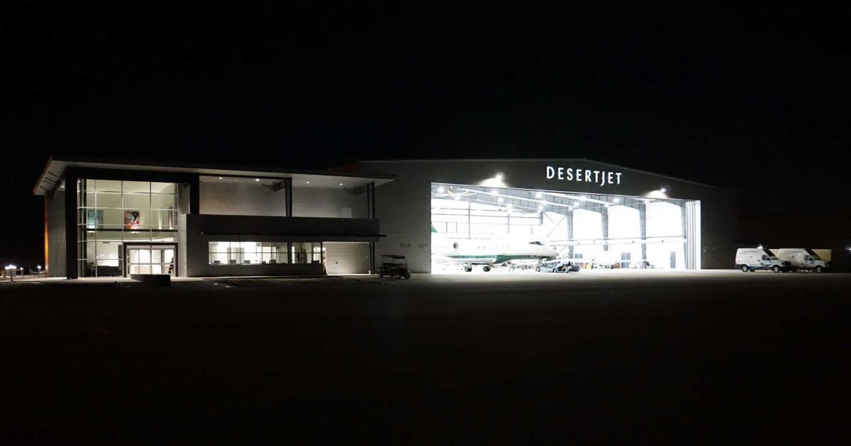 Phase I of the Desert Jet Center FBO at Jacqueline Cochran Regional Airport in Thermal, California, opened in October and consists of a 7,000-sq-ft terminal and a 23,000-sq-ft hangar. The company expects to soon begin work on a multi-million dollar Phase II, which will include a new large hangar and additional ramp. (Photo: Curt Epstein)