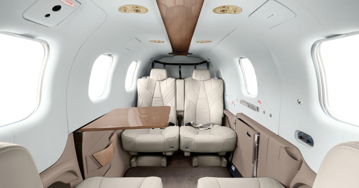 Daher has added new interior options for its 2020 model year TBM 910 and 940, including this San Pedro palette. Other enhancements include headset stowage hooks behind the rear seats, additional cupholders, and a tablet device holder for the pilot on the side of the central console, as well as an optional quick-change storage unit. (Photo: Daher)