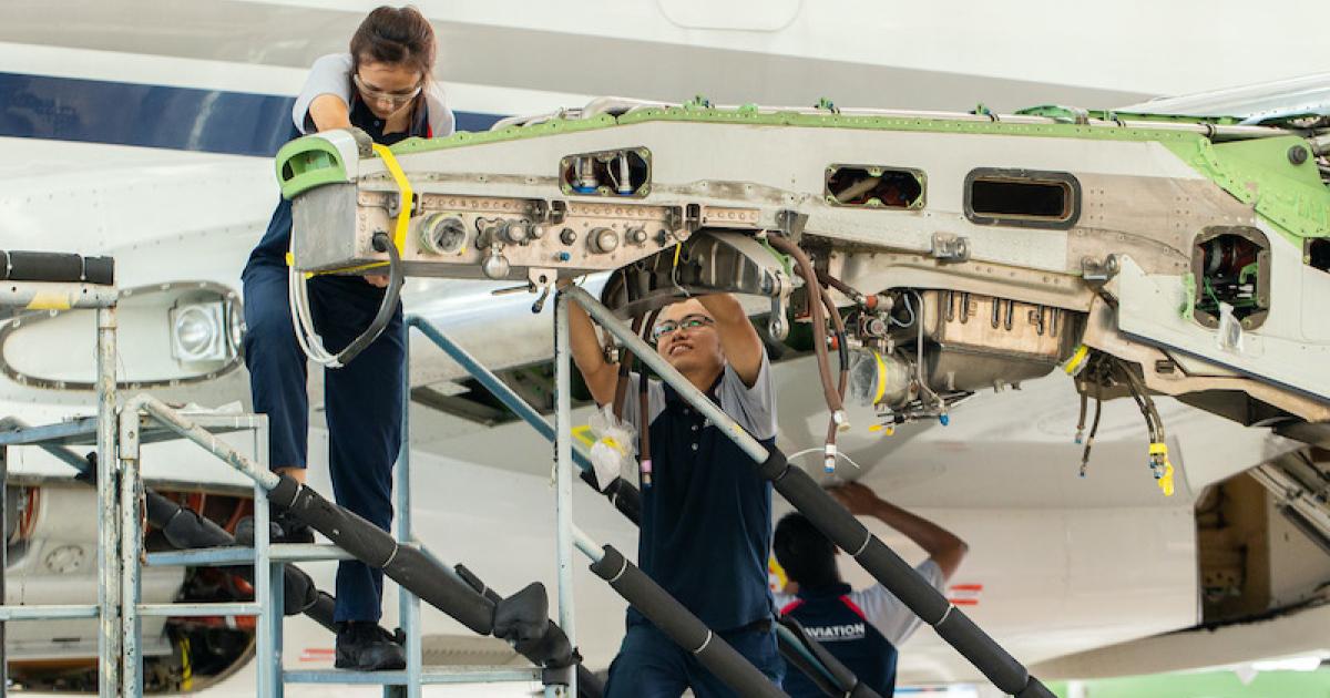 Jet Aviation Singapore's 96-month inspection on an Embraer Lineage 1000 included a major pylon modification and a controller pilot data link communications (CPDLC) system upgrade. (Photo: Jet Aviation Singapore)
