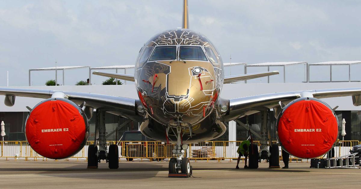 Making its Singapore Airshow debut, the Embraer E195-E2 burns 25 percent less fuel and flies 600 nm farther than its E1 counterpart. (Photo: David McIntosh)