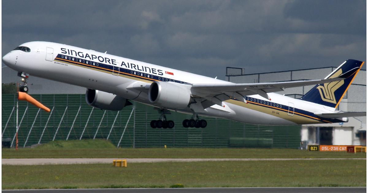 A Singapore Airlines Airbus A350 takes off from Manchester International Airport in the UK. (Photo: Flickr: <a href="http://creativecommons.org/licenses/by-sa/2.0/" target="_blank">Creative Commons (BY-SA)</a> by <a href="http://flickr.com/people/riikkeary" target="_blank">Riik@mctr</a>)