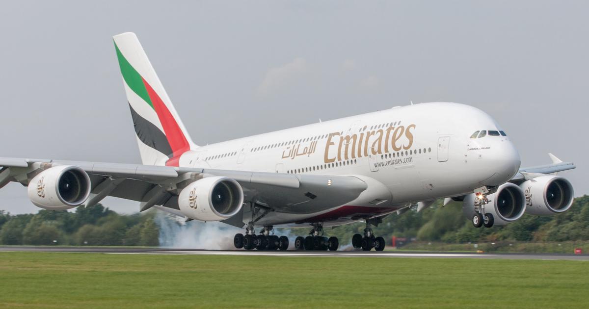 An Emirates Airbus A380 touches down at Manchester International Airport in the UK in 2010. The Emirates A380 fleet, the largest in the world, will sit virtually idle by March 25. (Flickr: <a href="http://creativecommons.org/licenses/by-sa/2.0/" target="_blank">Creative Commons (BY-SA)</a> by <a href="http://flickr.com/people/levien66" target="_blank">Transport Pixels</a>)