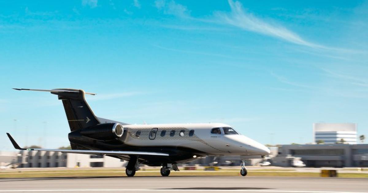 Newly certified, Embraer's enhanced Phenom 300E will fly Mach 0.80 and reach distances of  2,010 nm, thanks to new Fadec-equipped Pratt & Whitney PW535E1 turbofans. (Photo: Embraer)