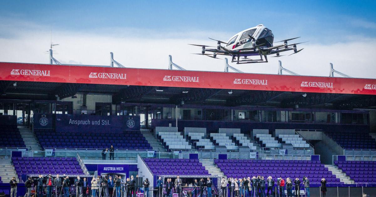 This demonstration flight conducted in a soccer stadium in Austria in April 2019, is one of several early trials that EHang has conducted with its 216 AAV eVTOL aircraft. [Photo: EHang]