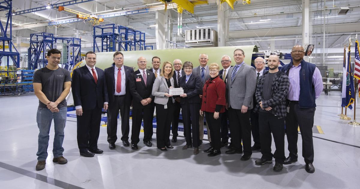 Kansas Gov. Laura Kelly (center-right) visits Textron Aviation to celebrate a new two-year apprenticeship program with the IAM and WSU Tech to develop tooling expertise. (Photo: Textron Aviation)