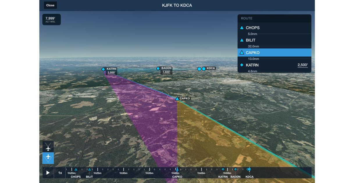 ForeFlight's new labels feature shows fix markers and approach speed/altitude restriction labels, as in the ILS RWY 01 approach to KDCA. 