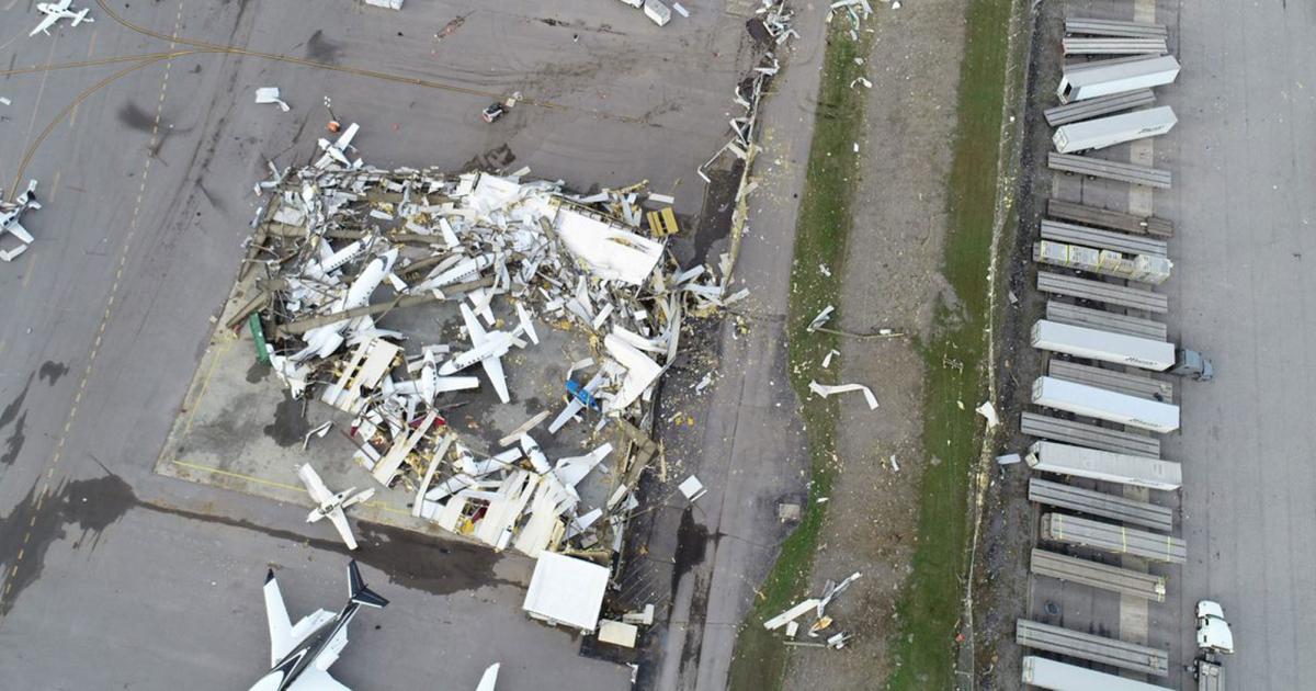An aerial photo shows the aftermath of Tuesday's early morning tornado strike on Nashville's John C. Tune Airport. According to the Metropolitan Nashville Airport Authority, more than 90 aircraft were destroyed or damaged by the powerful storm, along with 17 hangars, including this community hangar operated by Contour FBO, the lone service provider on the field.