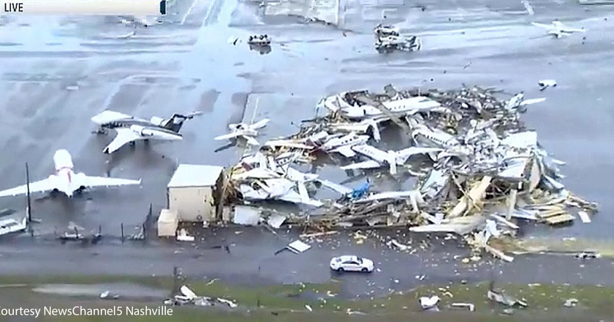 Aerial footage from NewsChannel5's electronic newsgathering helicopter showed at least four hangars, one housing five business jets, at Nashville John C. Tune Airport were badly damaged by an overnight tornado that struck Tennessee. Nearly two dozen people across the state were killed by the tornado. (Photo: NewsChannel5 Nashville)