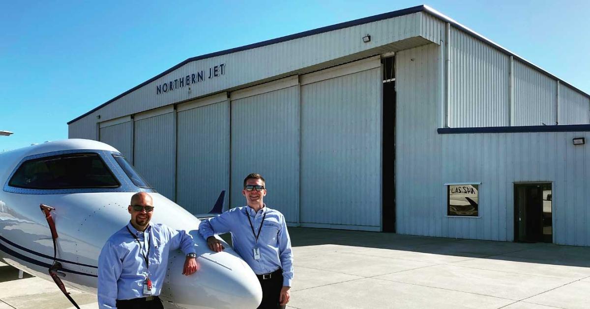 Northern Jet Management pilots Captain Dave Ryan (l.) and First Officer Kyle VanderArk celebrate the company's first flight into its new Naples, Fla. base of operations.