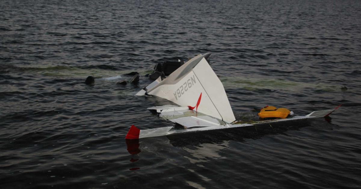 The partially submerged wreckage of an Icon A5 light sport amphibious airplane in the Gulf of Mexico is shown in this photo taken Nov. 7, 2017, near Clearwater, Florida. (Photo: NTSB)