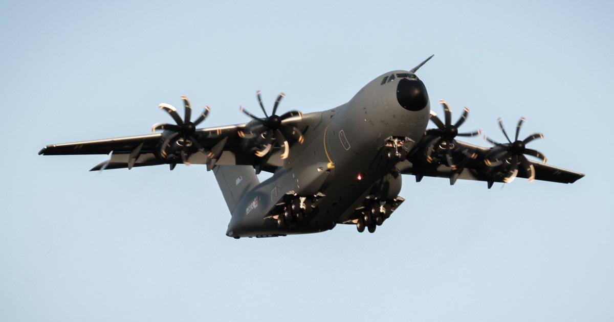 The A400M is seen on its April 13 first flight from Seville. It wears “Luxembourg Armed Forces” titles and carries a temporary Spanish test registration. (Photo: Airbus)