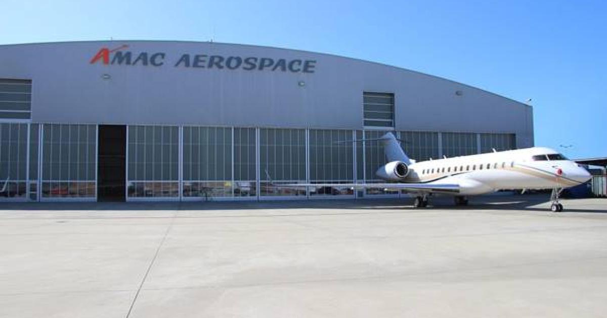 This Global 6000 is one of four large jet maintenance, upgrade, and refurbishment projects underway at AMAC Aerospace's Basel, Switzerland facility. (Photo: AMAC Aerospace)