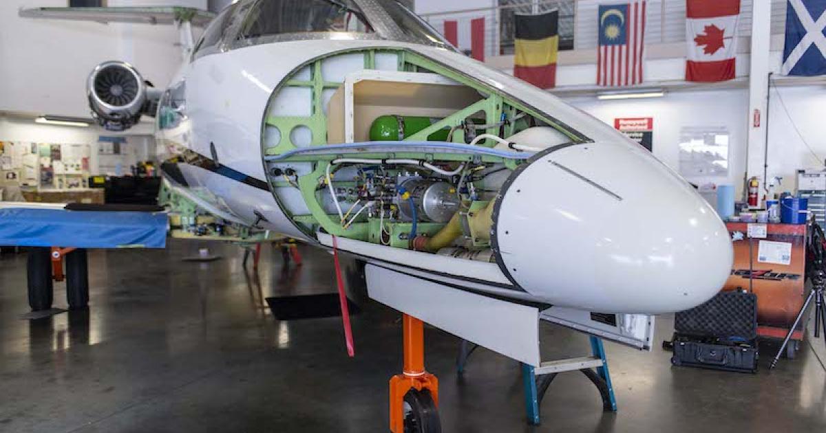 The 120-month/10-year Embraer Phenom inspections included 120-month airframe inspection items and stacked inspections as well as 24-month pitot static and transponder tests, required engine inspections, and repair and return of landing gear. (Photo: Eagle Creek Aviation)