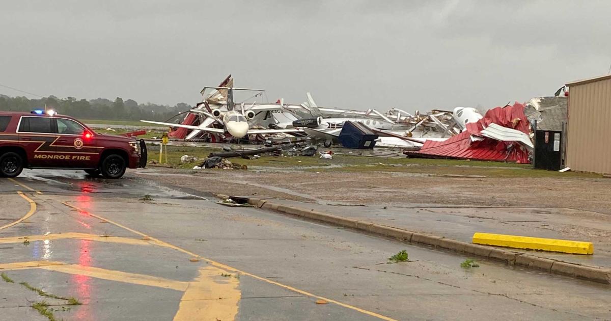Four business jets are entombed in the wreckage of a 10,000 sq ft hangar at Louisiana's Monroe Regional Airport, after a spate of tornadoes wreaked havoc across several southern states on Easter Sunday. (Photo: Acadian Ambulance/Air Med)
