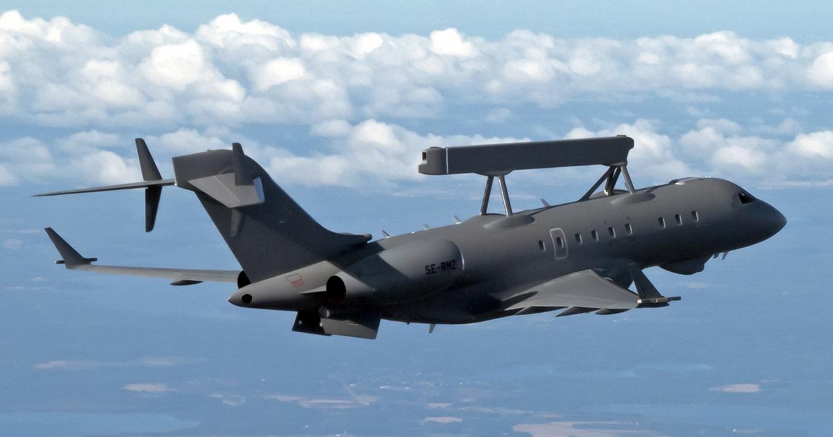 The first GlobalEye to be handed over to the UAE is seen on a test flight over Sweden. (Photo: Saab)