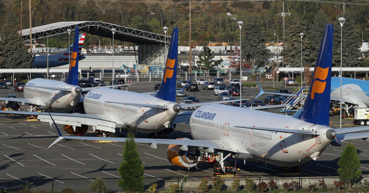 Boeing 737 Max jets sit stored at Boeing Field in Seattle in October 2019. The company logged cancellations for 150 of the narrowbodies during March 2020. (Photo: Barry Ambrose)