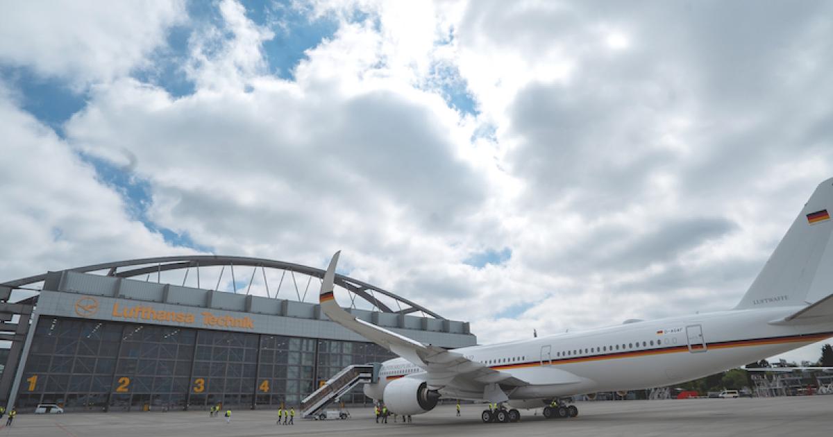 To be delivered by the end of July to the German Air Force, this Airbus A350-900 will be equipped by Lufthansa Technik with a “transitional” cabin for the transport of government officials and their delegations. (Photo: Lufthansa Technik)