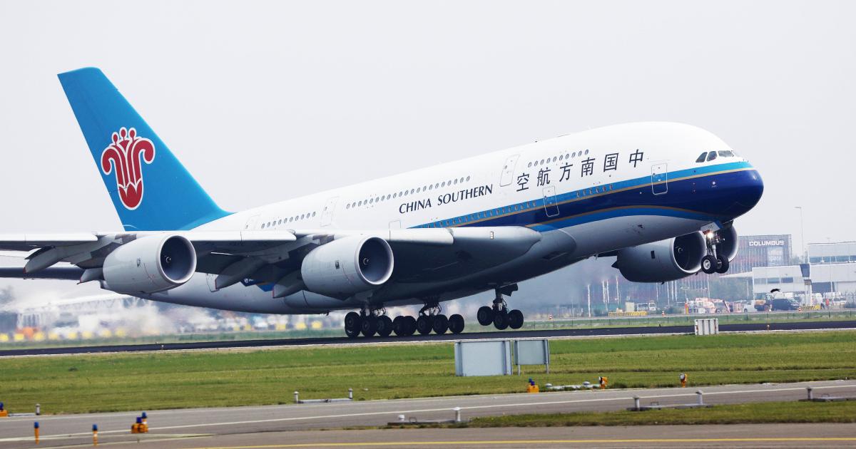 A China Southern A380 takes off from Amsterdam Schiphol Airport in August 2019. The airline remains the only carrier to operate A380s in scheduled service during the Covid-19 crisis. (Photo: Flickr: <a href="http://creativecommons.org/licenses/by/2.0/" target="_blank">Creative Commons (BY)</a> by <a href="http://flickr.com/people/160866001@N07" target="_blank">verchmarco</a>)