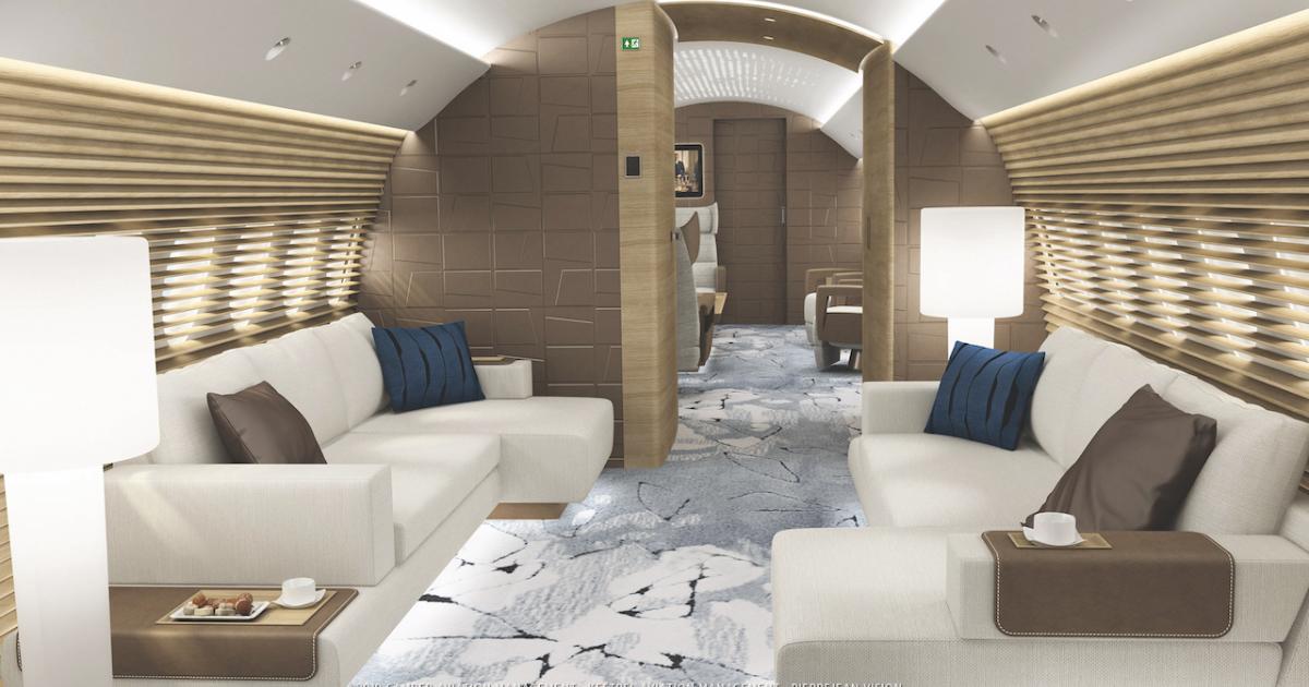 The guest lounge on a conceptual design for a corporate cabin on an Airbus A220. (Photo: Camber Aviation Management, Kestrel Aviation Management, and Pierrejean Vision)