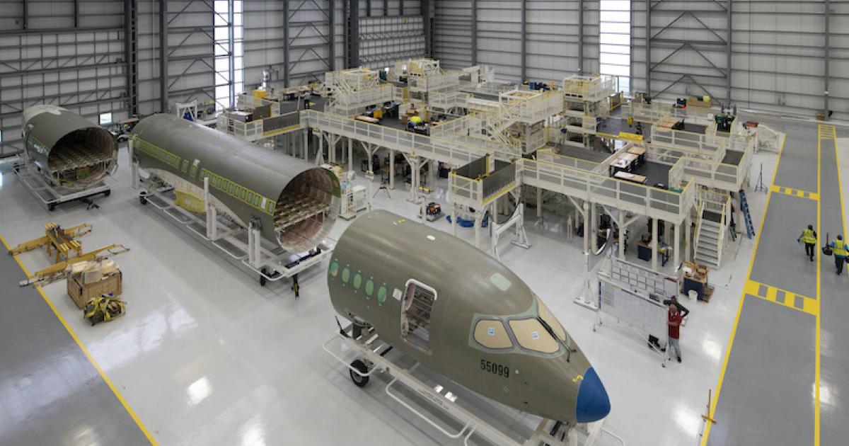 The first U.S.-built A220 for JetBlue awaits placement in the production jig at Airbus’s new A220 FAL hangar in Mobile, Alabama. (Photo: Airbus)
