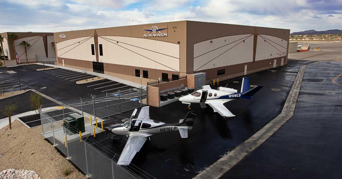 Under development for nearly half a decade, the new All In Aviation/Lone Mountain Aviation complex at Las Vegas-area dedicated general aviation gateway Henderson Executive Airport offers hangar options for the owner-flown light-to-midsize jet, turboprop, and piston-engine community. 