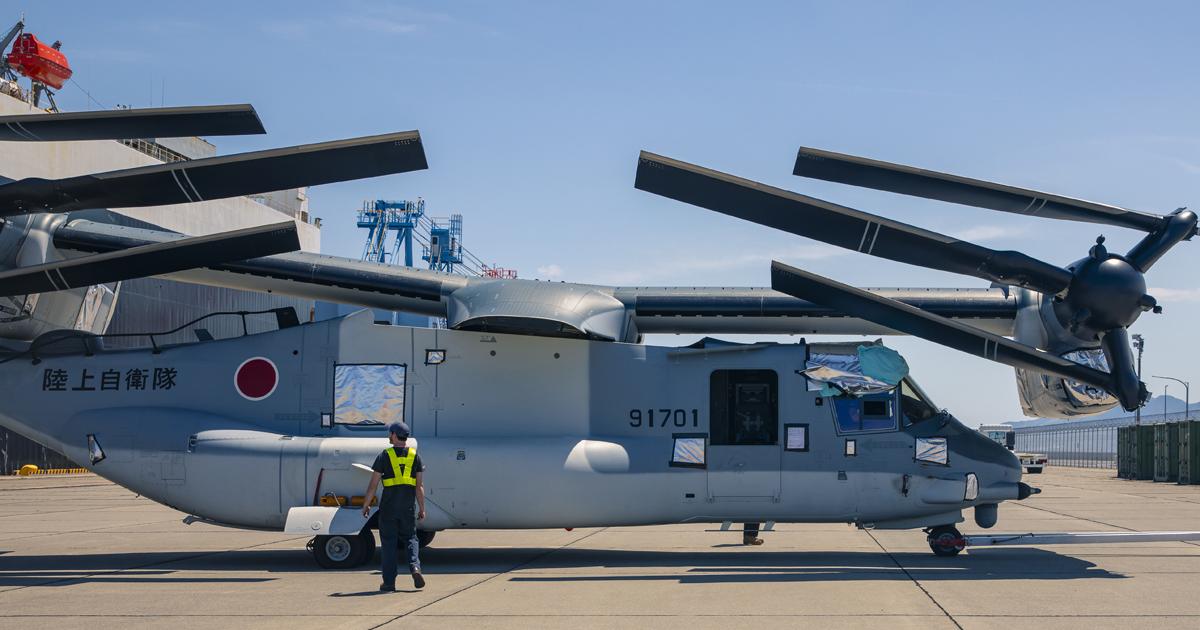 One of the first two Ospreys for the JGSDF rests on the wharf at MCAS Iwakuni following its delivery voyage from the U.S. (Photo: Cpl. Lauren Brune/U.S. Marine Corps)