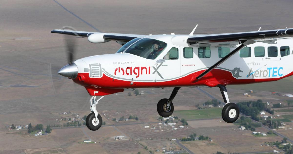 A Cessna Grand Caravan, re-engined with an electric propulsion system by Magnix and AeroTec, made a 30-minute first flight on May 28. [Photo: Magnix]