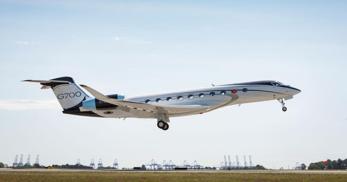 N703GA, the third flight-test Gulfstream G700, achieved first flight on May 8 from the company’s headquarters at Savannah/Hilton Head International Airport. It reached 45,000 feet and Mach 0.85 during the roughly three-hour flight. (Photo: Gulfstream Aerospace)