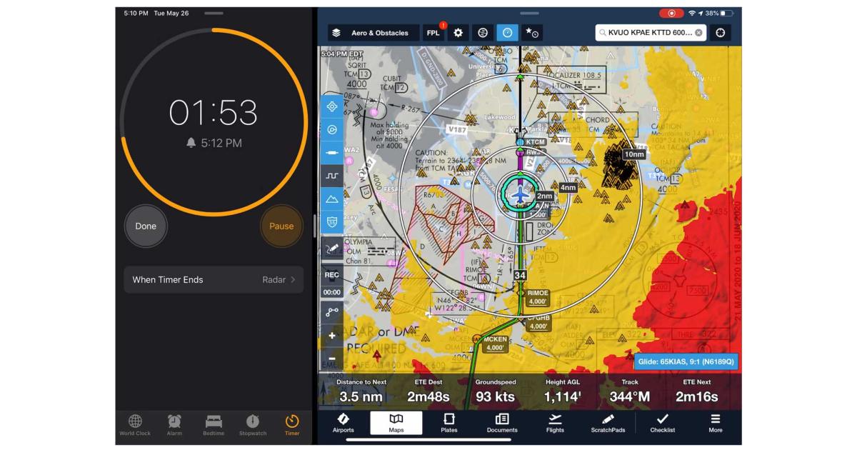 With iOS multitasking, ForeFlight Mobile can run alongside other apps like Apple's Clock, shown here with a countdown timer set to time an ILS approach.