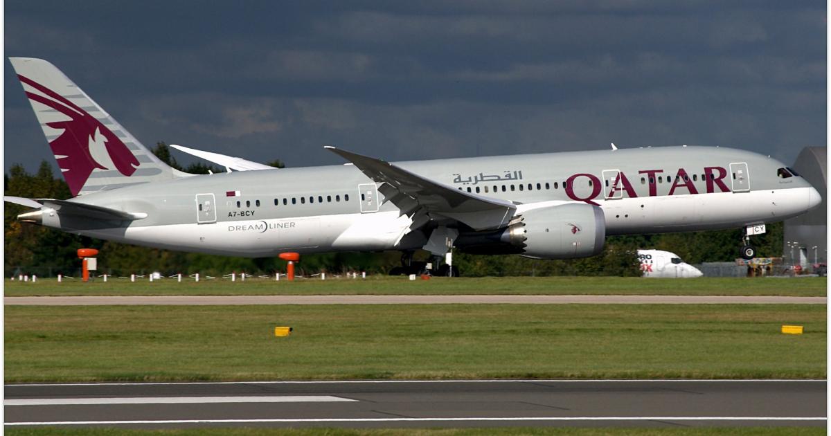 A Qatar Airways Boeing 787 takes off from Machester Airport in the UK. (Photo: Flickr: <a href="http://creativecommons.org/licenses/by-sa/2.0/" target="_blank">Creative Commons (BY-SA)</a> by <a href="http://flickr.com/people/riikkeary" target="_blank">Riik@mctr</a>)