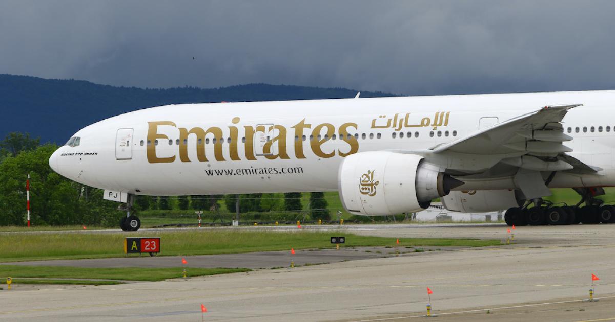 An Emirates Boeing 777-300ER taxis at Geneva International Airport in 2016. (Photo: David McIntosh)
