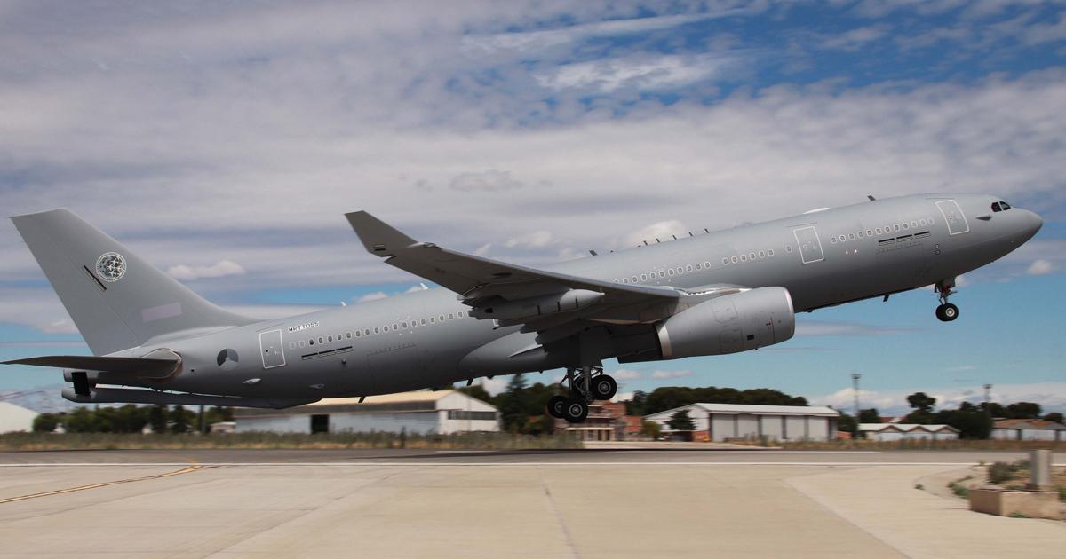 Carrying a Dutch roundel in addition to the MMF badge, the first A330 MRTT for the fleet undertakes a pre-delivery test flight at Getafe. The aircraft now carries the Netherlands military serial of T-055. (Photo: Airbus)
