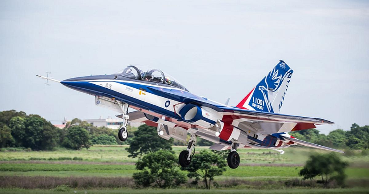 The first AT-5 Brave Eagle takes to the air for the first time at Ching Chuan Kang air base, ahead of a formal start to flight trials scheduled for June 22. (Photo: Taiwan Ministry of National Defense)