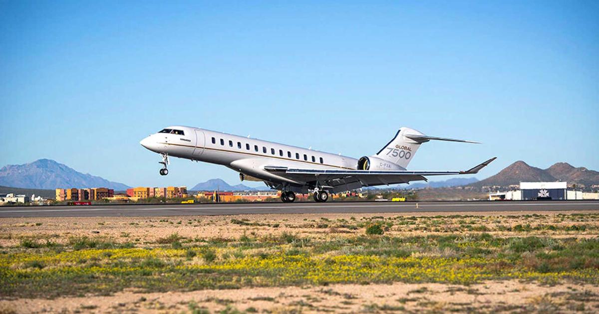 The Global 7500 is the first business jet to have a published Environmental Product Declaration disclosing detailed environmental information about its lifecycle, such as CO2 emissions, noise, water consumption, and other key environmental impact indicators. (Photo: Bombardier)